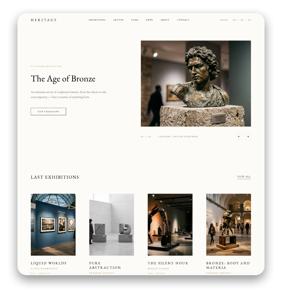 Design Heritage para o site de uma galeria